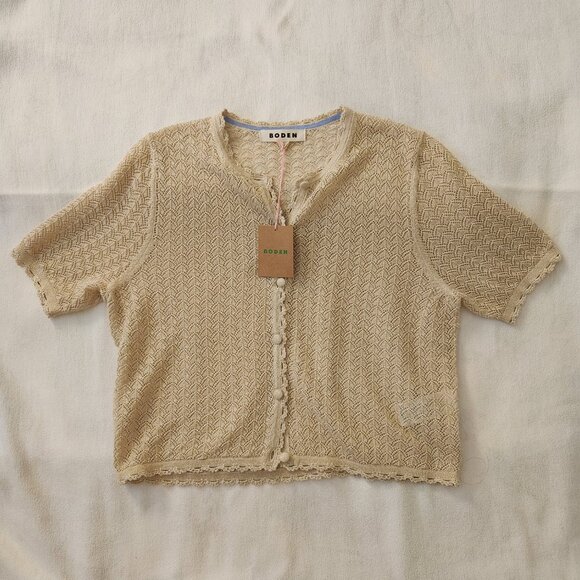 Boden Cropped Short Sleeve Botton Down Cardigan in Gold Metallic Sparkle Size M - Picture 2 of 7